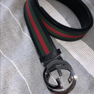 Gucci Black, Green, and Red Belt with Silver Buckle